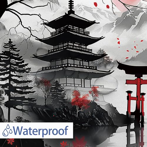 Goaok Japanese Anime Shower Curtain, Cool Watercolor Japan Cherry Blossom Floral Mountain Sun Asian Oriental Abstract Art Shower Curtain Red And Black Fabric Bathroom Decorative With 12 Hooks thumb #6