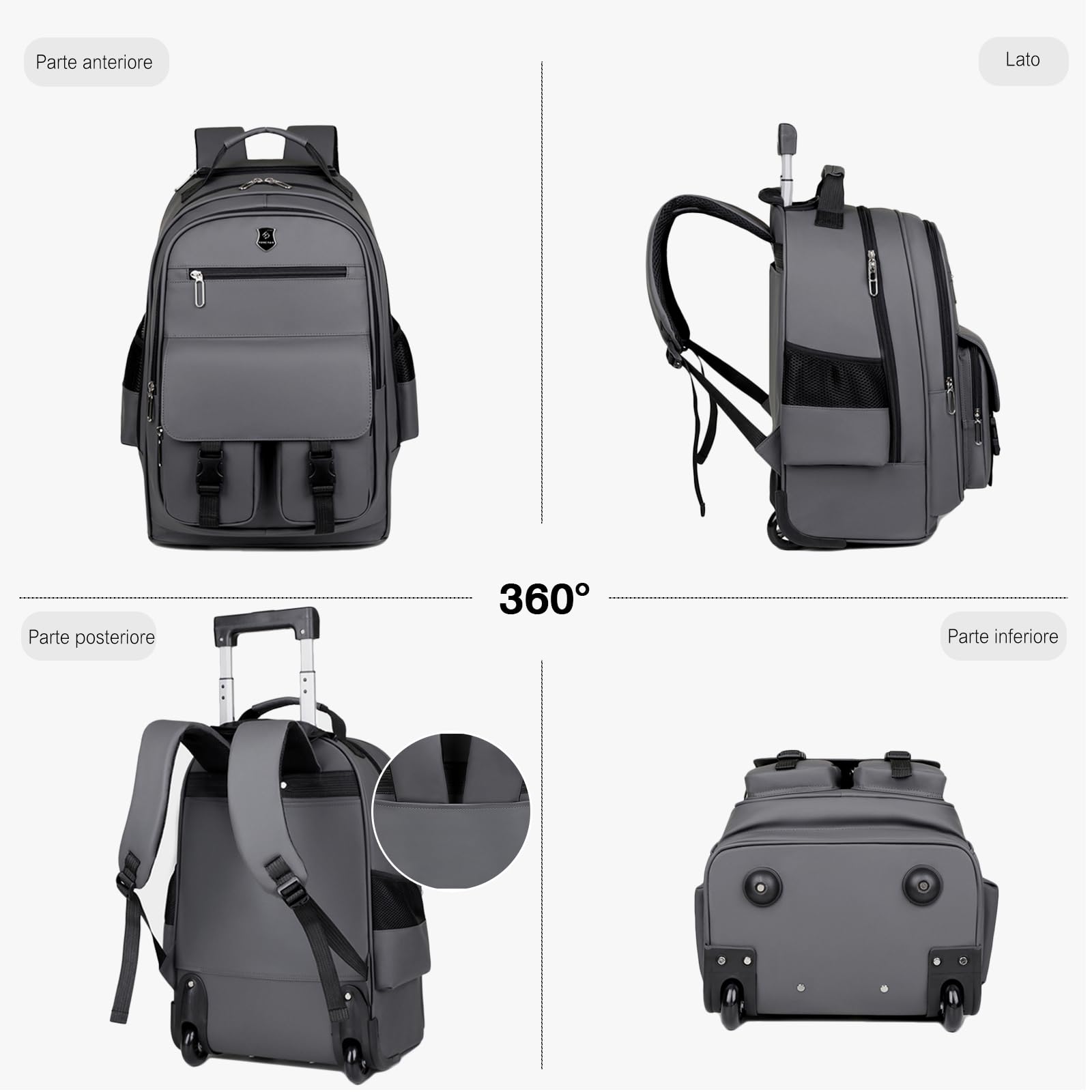FANDARE Zaino Trolley per PC Portatile da 15.6 pollici Borsa per Insegnante con Ruote Uomo Rolling Rucksack Zainetto Pellicola in PU Zaini Borse da ufficio giorno Bagaglio a Mano Viaggio Affari
