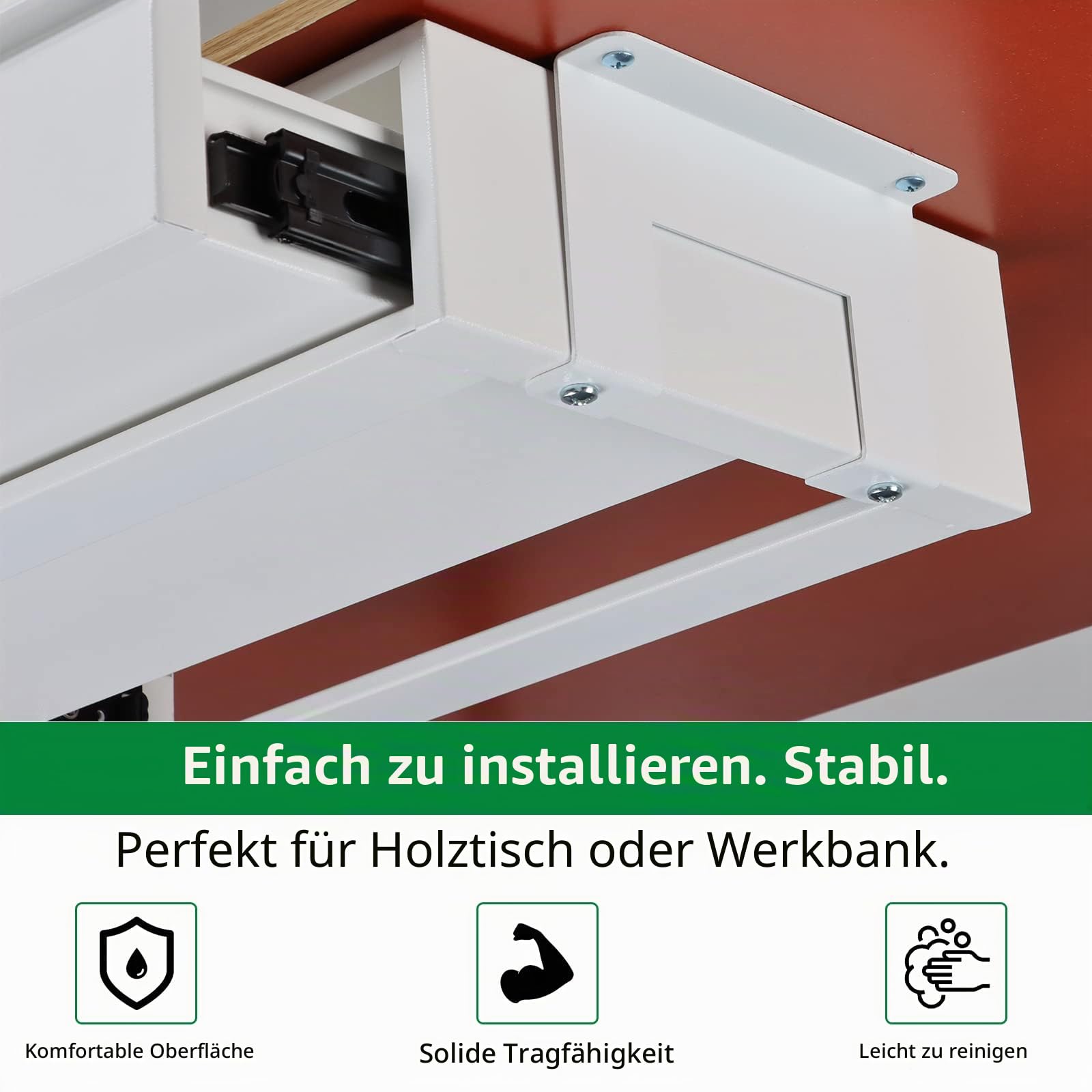 Unter dem Schreibtisch Metall-Schublade weiß mit großer Schiebeverlängerung, ausziehbarer Aufbewahrungs-Organizer montiert unter einem flachen Holztisch oder einer Werkbank