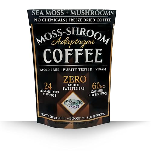 Elderwise Organics - Café con champiñones y musgo marino, melena de león, chaga, reishi y cordyceps - 24 porciones - Café saludable - Liofilizado