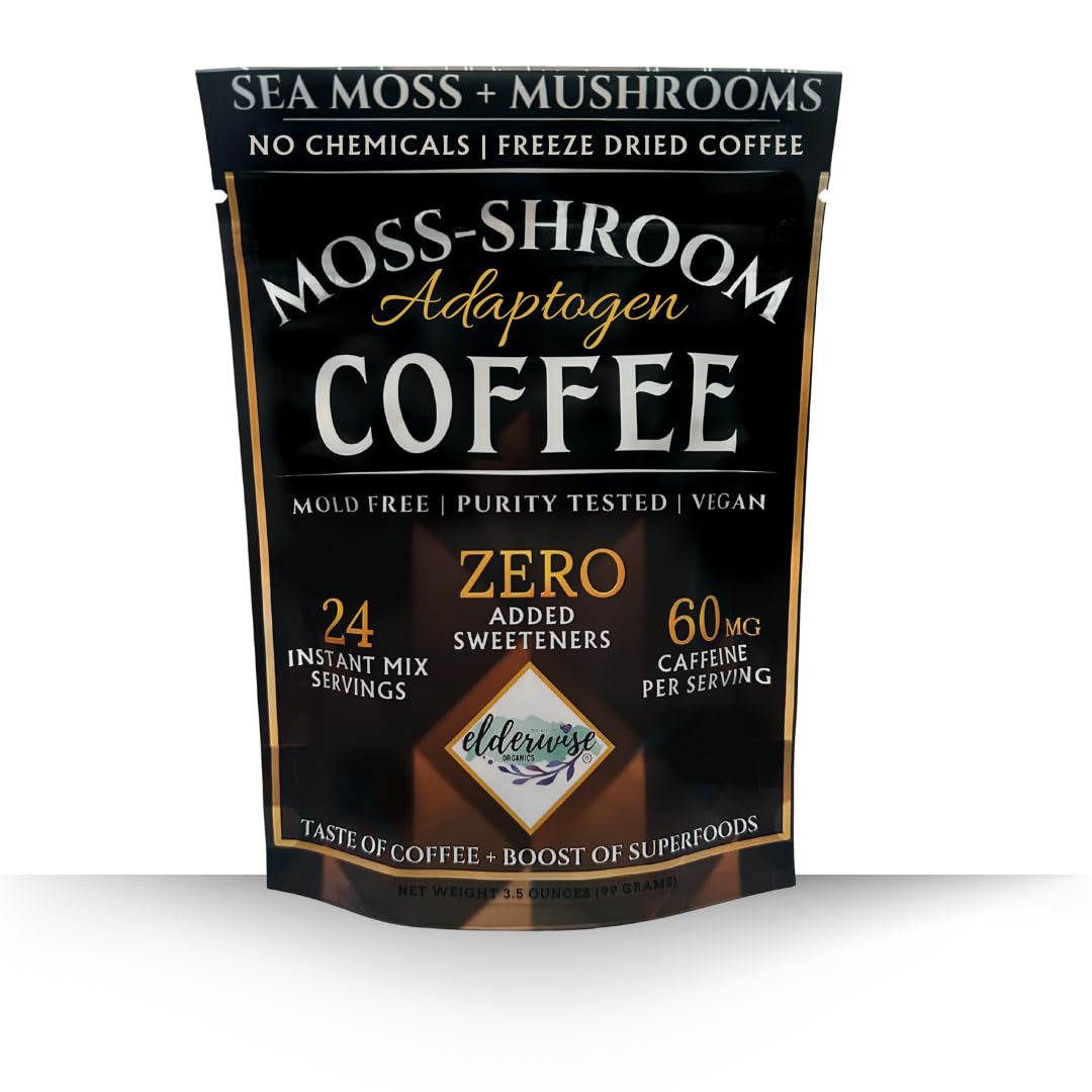 Elderwise Coffee with Mushrooms & Sea Moss - Lion's Mane, Chaga, Reishi & Cordyceps - 24 Servings - Healthy Coffee - Freeze Dried Instant - Chemical