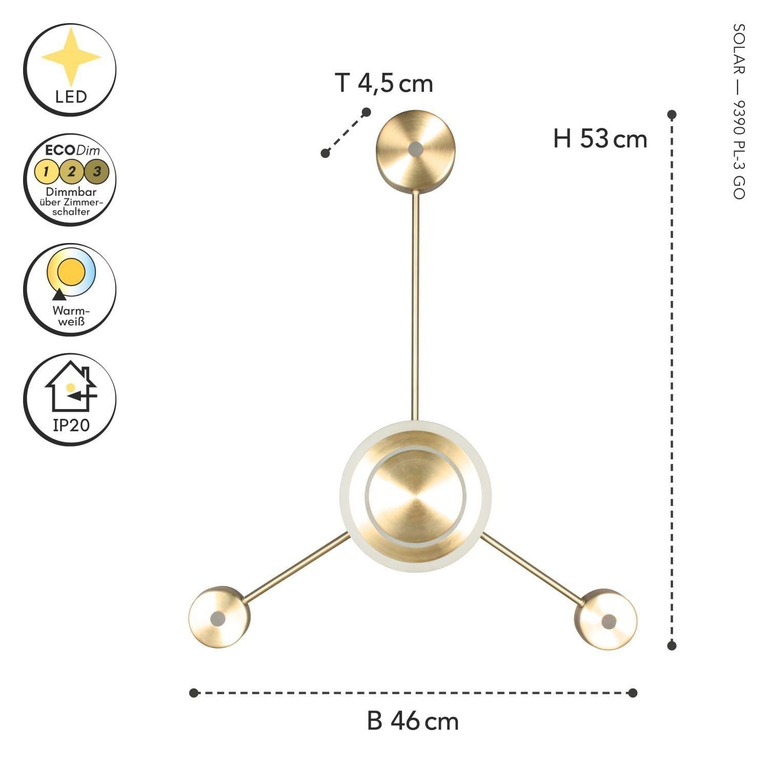 LED Wandleuchte warmweiß Schlafzimmer Gold Aluminium indirektes Licht 3 Stufen dimmbar Lichtschalter 3000 K H:53 cm blendarm Wandlampe Wohnzimmer