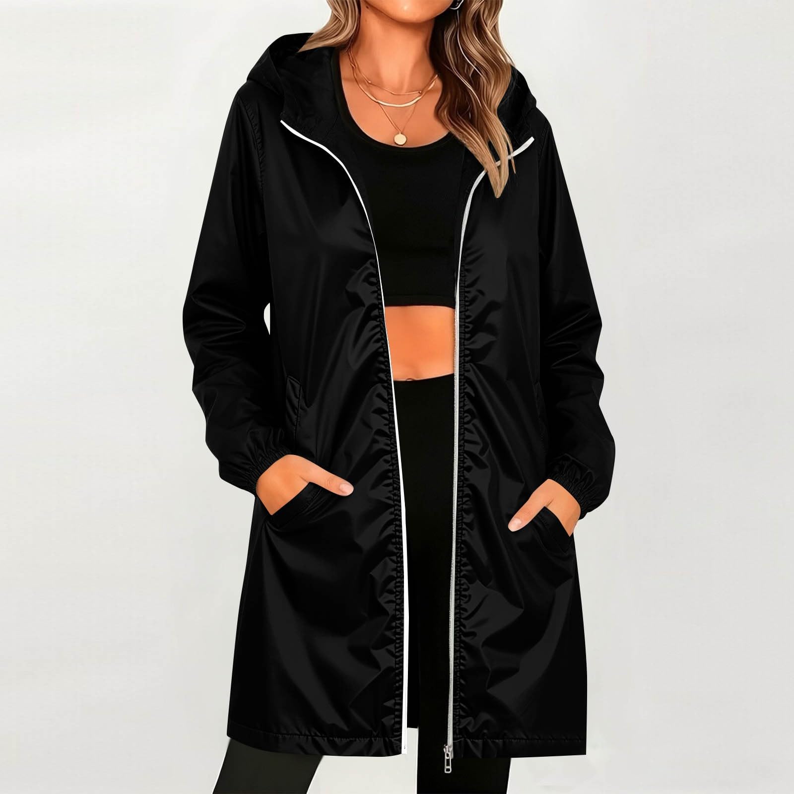 Veste De Pluie Femme Long Imperméable,Manteau À Capuche Coupe Vent Manteaux Mi Saison De Travail Vestes De Randonnée Avec Poches Ciré Femme Imperméable Léger Et À Séchage Rapide