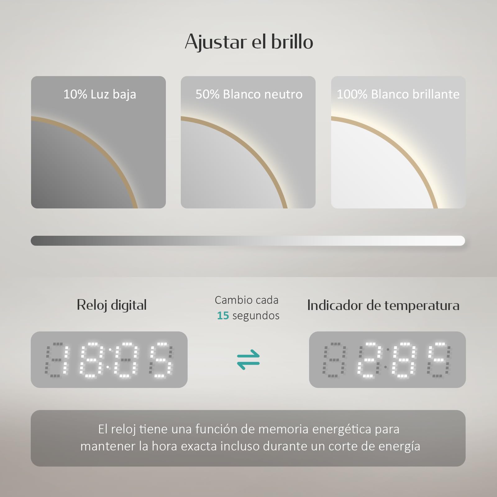 EMKE Espejo de Baño Redondo 60 cm,Marco Dorado Cepillado, Antivaho, Reloj, Temperatura, Espejo baño con luz 4300K, Apagado Automático 3 h, Memoria, IP65,Espejo LED baño