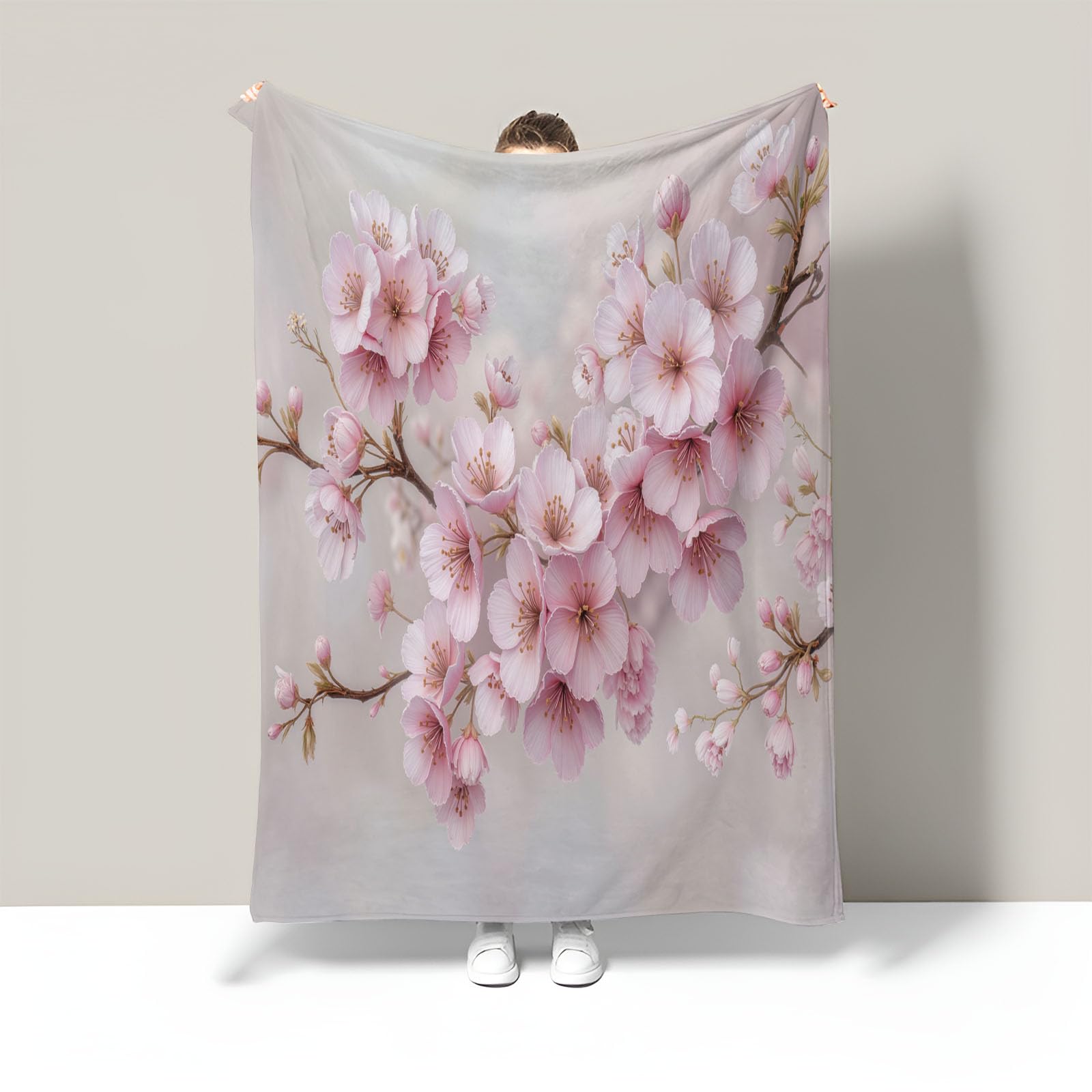 Manta Franela para Cama, Manta para Sofá 150x200cm, Suaves esponjosa Microfibra Blanket, Acuarela Flores De Cerezo Estampado Mantas Calentitas para Niños y Adultos, Rosa Claro