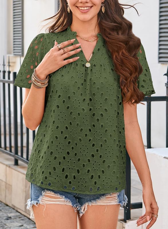 Womens Summer Tops V-Neck Short Sleeve Shirts Dressy Casual Babydoll Blouses Embroidered Eyelet Flowy Boho Clothing - Image 3