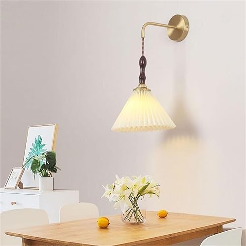 Miniatura 3 de Mid Century Modern Wall Sconce Vintage Pleated Fabric Shade Gold Wood Farmhouse Lighting E26E27 Base for Bedroom Living Room(Diameter 23cm)