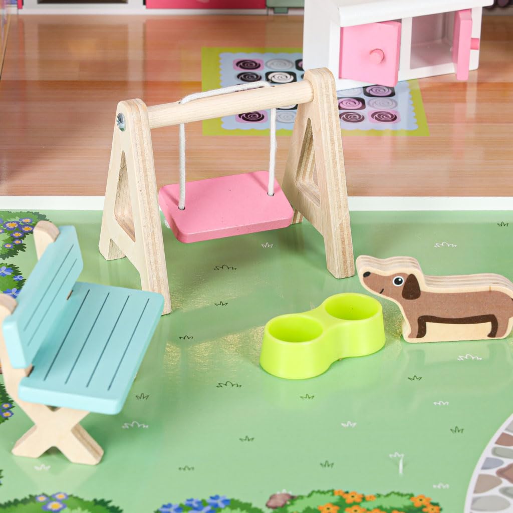 Casa delle Bambole in Legno con Giardino, LED - Rosa - Grande 70 x 61 x 51 cm