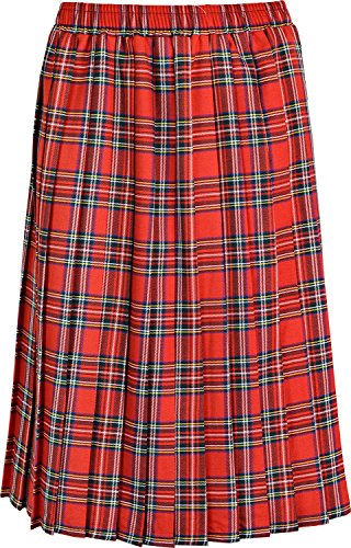 KENTEX ONLINE Womens Long Pleated Skirt Tartan Check Ladies Stretch Box Pleat Elasticated Waist Waistband Skirts (Medium (12-14), Red)