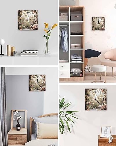 Miniatura 4 de Pink Rose Spring Floral Wooden Wall Clock Silent Non Ticking, Summer Roses Flowers Farmhouse Square Wall Clock Battery Operated, Decor Clock for