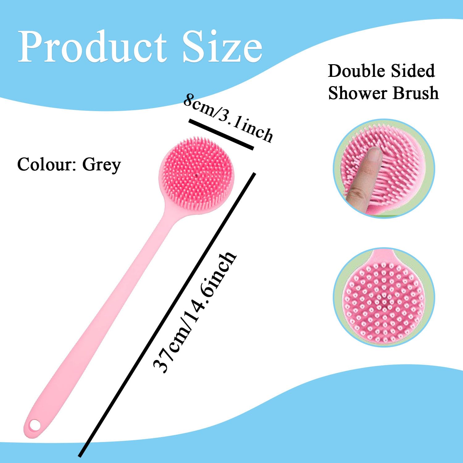Silicone Body Scrubber for Shower with Long Handle Shower Brush for Exfoliating Skin Double Sided Shower Brush for Showers Exfoliating and Massage Long Handle Back Scrubber for Men Pink - Image 2