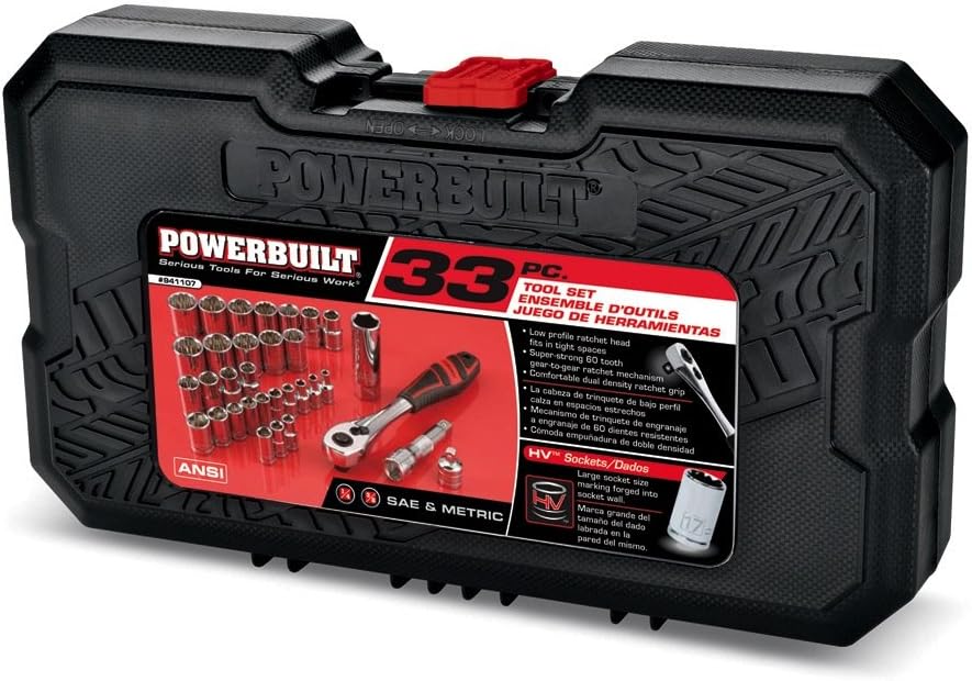 Powerbuilt 941107 1/4" and 3/8" Drive SAE and Metric Socket Set, 33 Piece