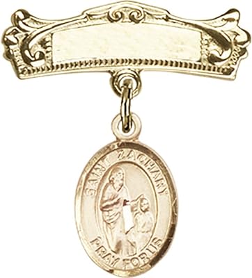 Gold Filled Baby Badge with St. Zachary Charm and Arched Polished Badge Pin 7/8 X 3/4 inches