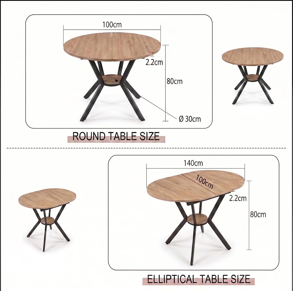 Mesa de comedor extensible con tablero de fibra de densidad media, mesa de comedor ovalada con patas de metal en forma de X, mesa de comedor redonda extensible con estante central para cocina