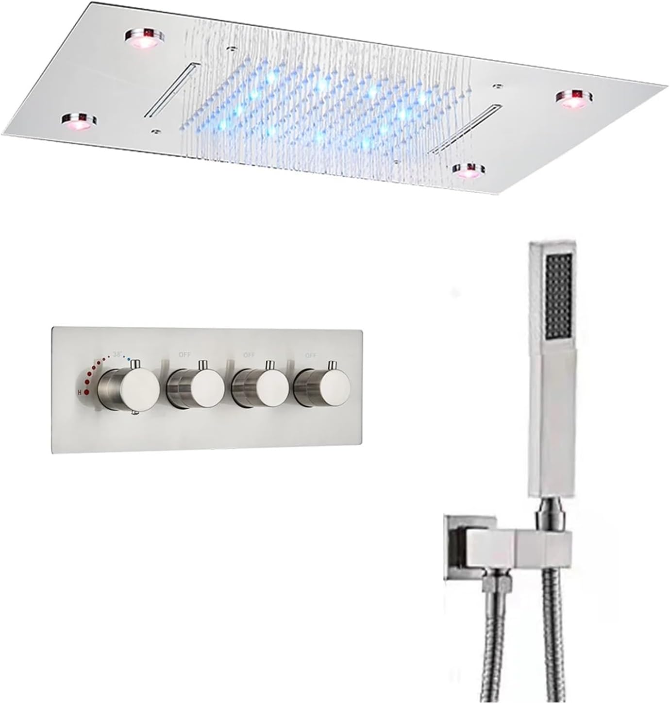 Shower Kits, Black LED Thermostatic Modern Ceiling Showers Compatible with Bathroom Color Change Rain Waterfall Bath Hidden Mounting Luxury 3-ways System