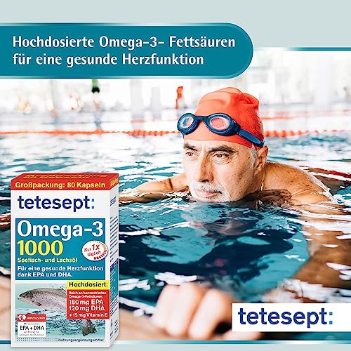 tetesept Omega-3 1000 - Seefisch- und Lachsöl Kapseln – Hochdosierte Omega 3 Fettsäuren DHA, EPA & Vitamin E - Nahrungsergänzungsmittel zur Unterstützung des Herz-Kreislauf-Systems – 1 x 80 Stück