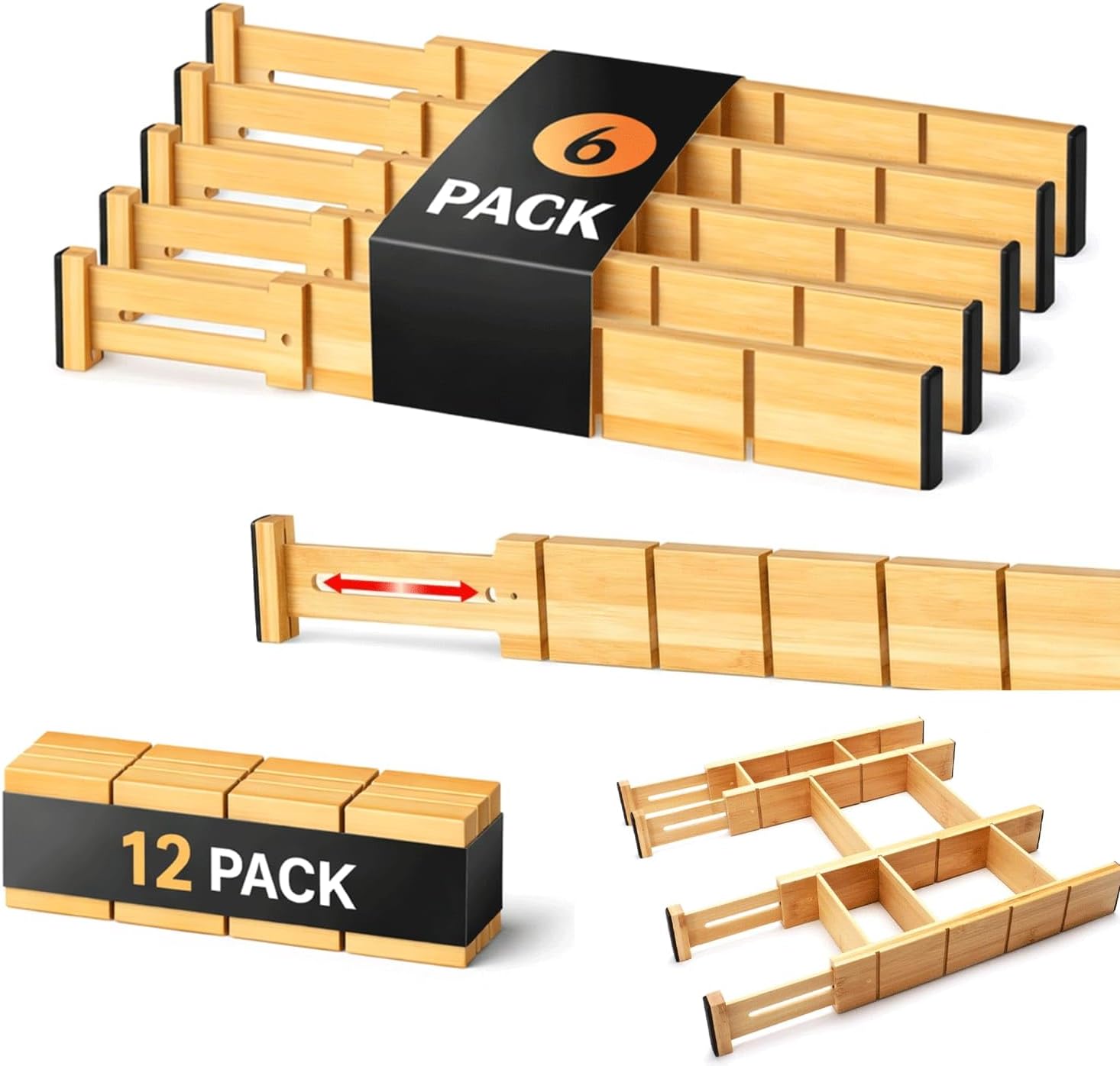 6 Pack Bamboo Drawer Dividers, Adjustable 17–22 Inch Expandable Drawer Organizer for Kitchen, Dresser & Closet, Bamboo Kitchen Drawer Organizer, Drawer Divider Set with 12 Inserts
