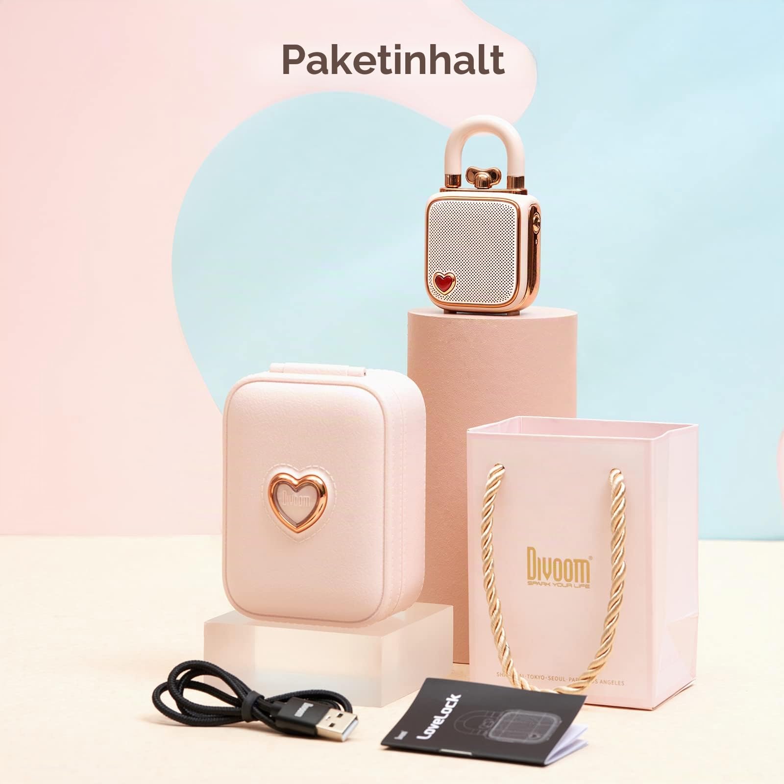 divoom Love-Lock Bluetooth Lautsprecher, Klein Tragbarer Musikbox, Wireless Stereo Pairing Retro Soundbox, Cute Desktop Deko, for Mädchen，Rosa