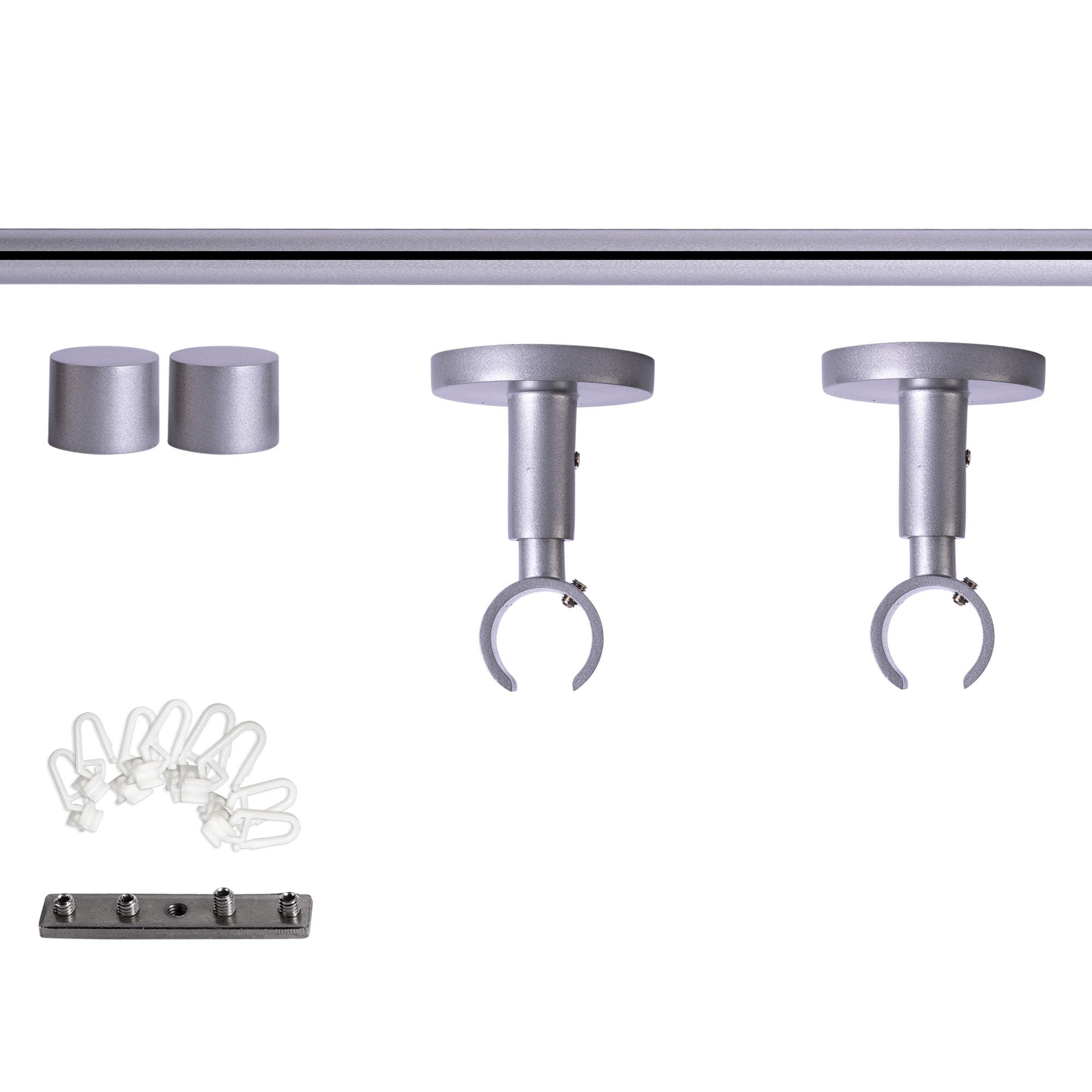 Victoria M. Gardinenstange Set mit Kappenknäufen mit Deckenhalter und Flachring und Innenlauf Ø 19 mm Länge 200cm, 1-Läufig, Silber