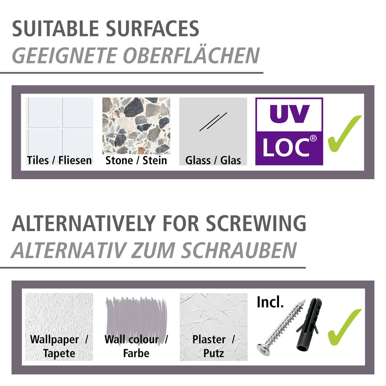 WENKO Toallero Uno Udine con UV-Loc®, soporte de pared para toallas de acero inoxidable cepillado y lacado en negro mate, fijación sin taladrar con sistema adhesivo UV-Loc®, 61 x 5 x 7 cm