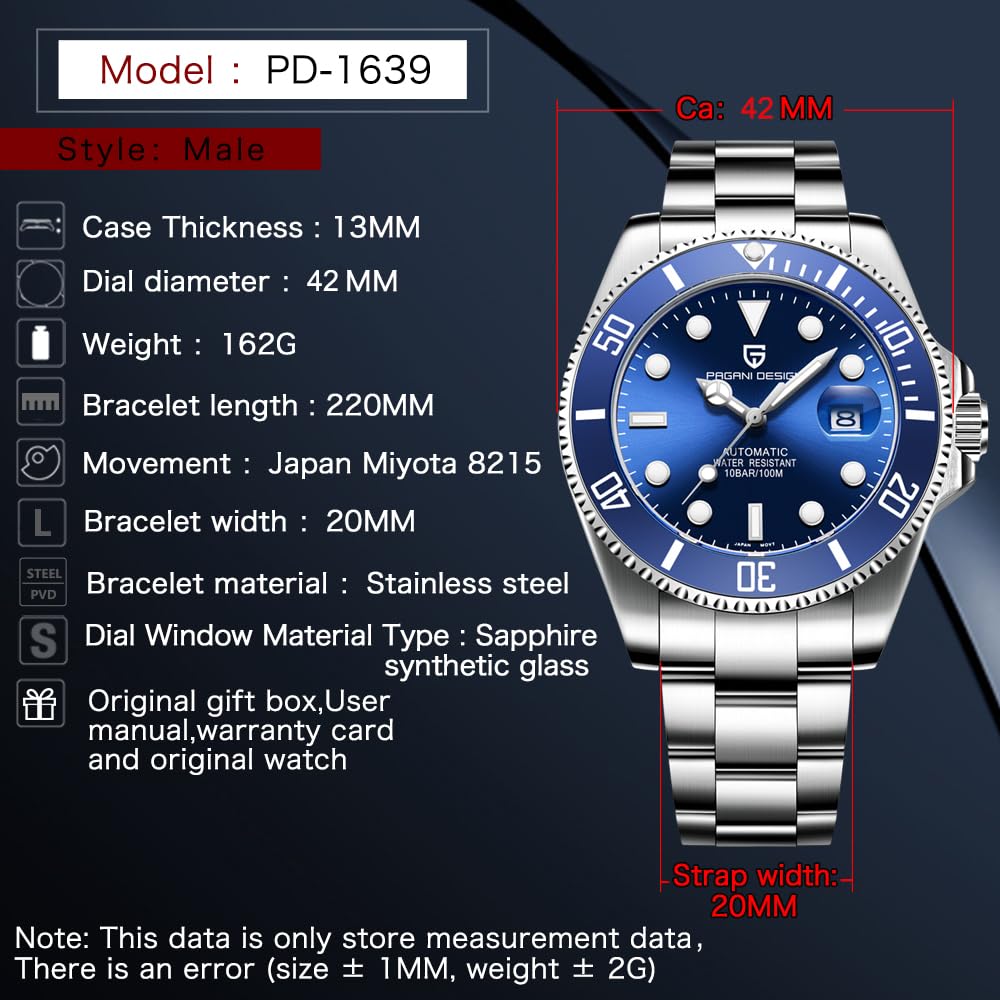 Pagani Design Reloj Mecánico para Hombre Bisel de Cerámica Movimiento Japonés Acero Inoxidable Moda Reloj Automático Clásico Cristal de Zafiro Reloj para Hombre 100 Metros Resistente al Agua