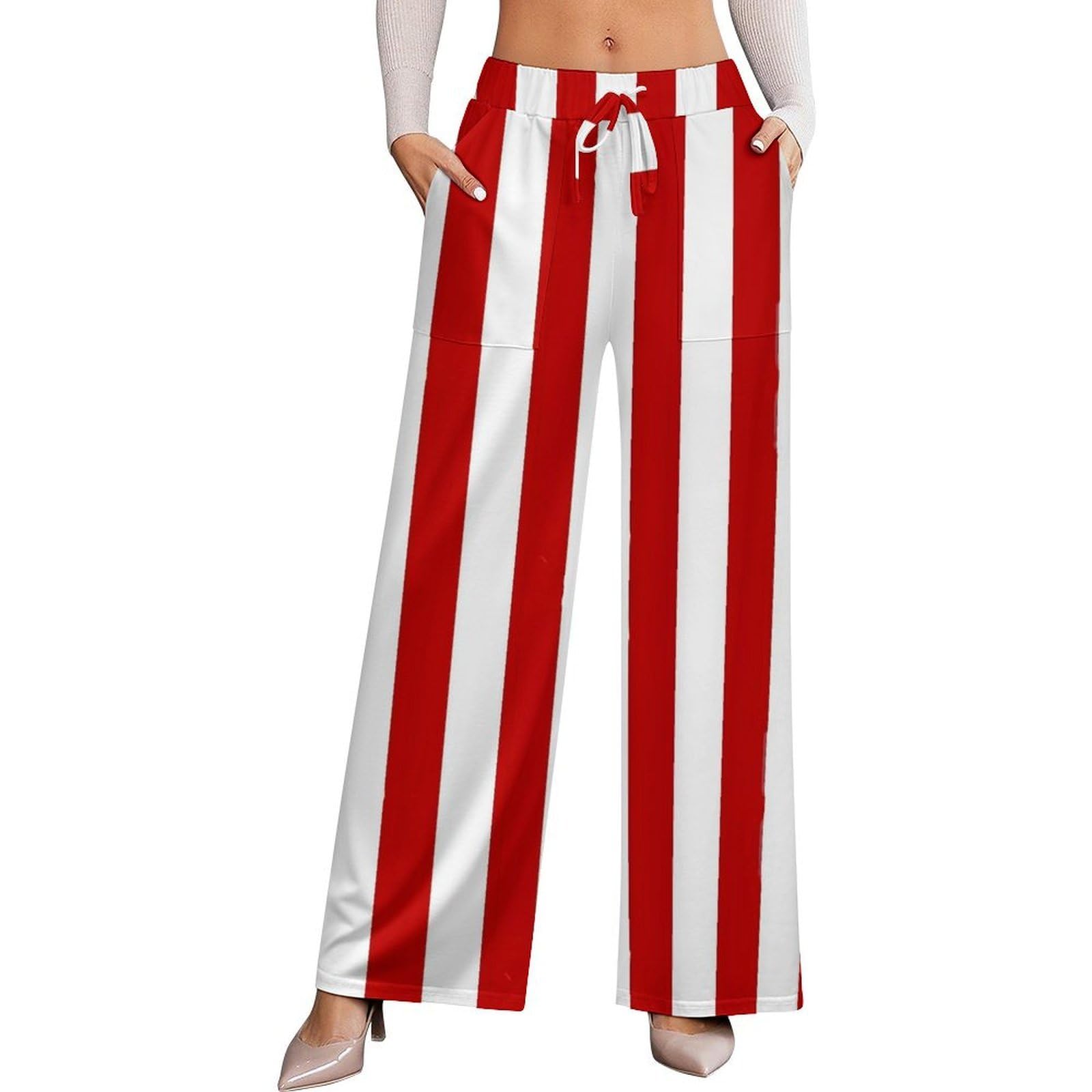 Dyale Vertical Stripes Red White Womens Wide Leg Pants High Waisted Elastic Casual Sports Pants M