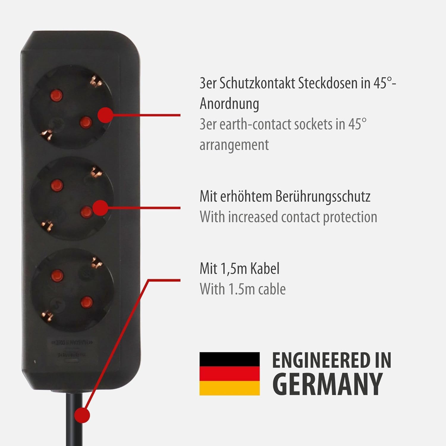 Brennenstuhl Eco-Line Steckdosenleiste 3-Fach (Mehrfachsteckdose mit erhöhtem Berührungsschutz und 1,5m Kabel) schwarz (Single, 1,5m (Packung mit 10))