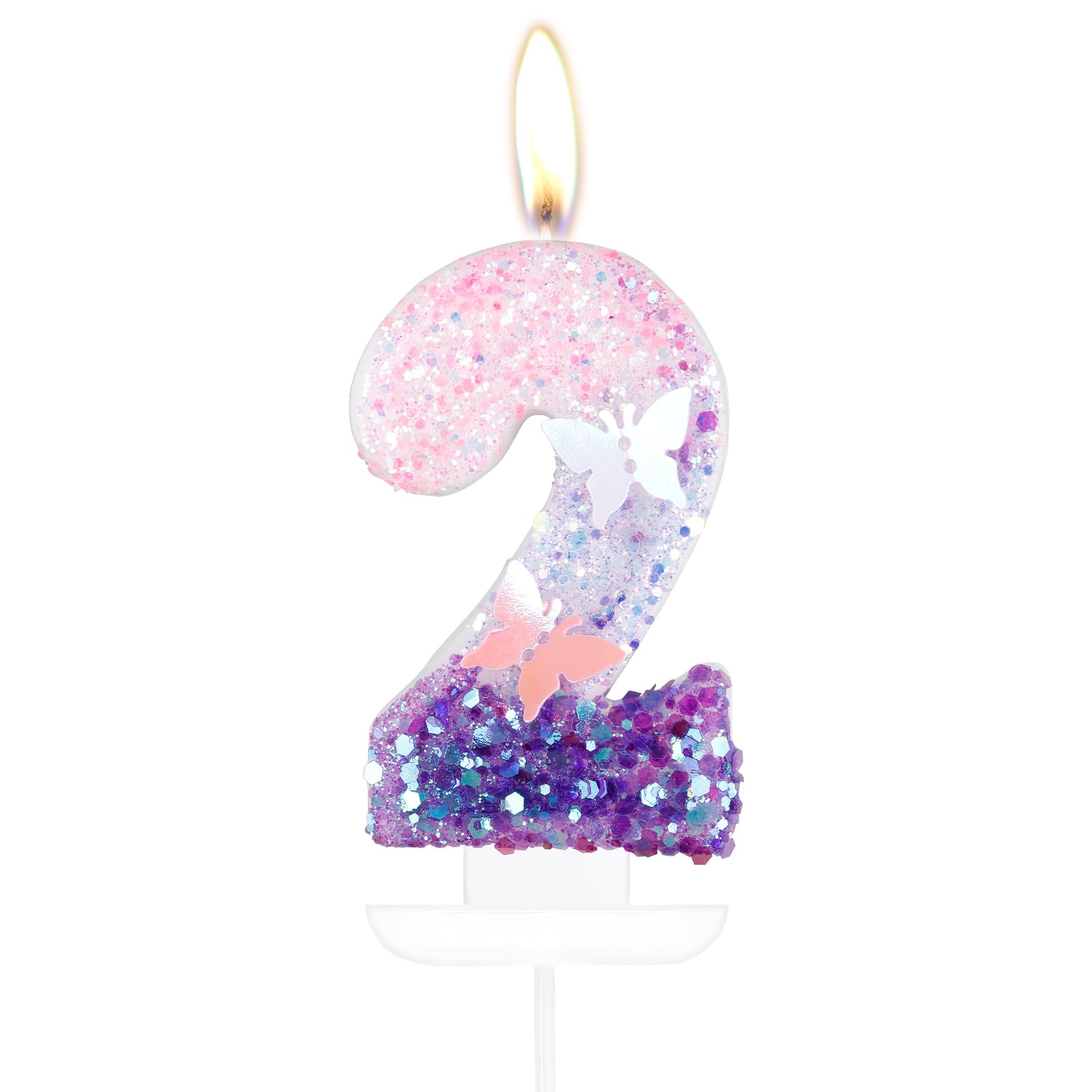 Vela de cumpleaños número 2, decoración de fiesta de cumpleaños de mariposa para mujeres/niñas, vela de cumpleaños morada, velas de cumpleaños grandes con purpurina de 2.75 pulgadas,