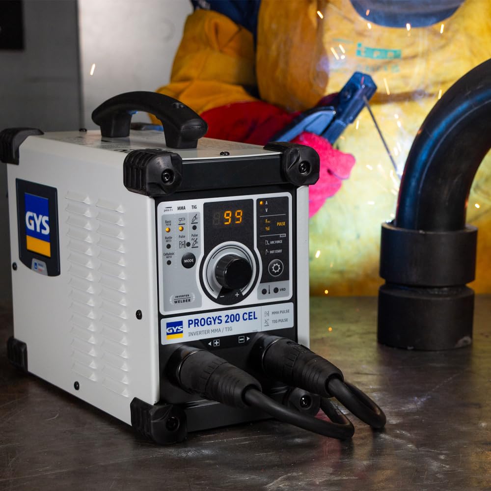 GYS, PROGYS 200 CEL, Poste à Souder à l'Électrode Enrobée 200A Monophasé 230V (MMA), TIG DC Lift & MMA Pulsé, Digital, Arc Force, Antisticking, Hot Start, Avec Porte-électrode, Câble de Masse