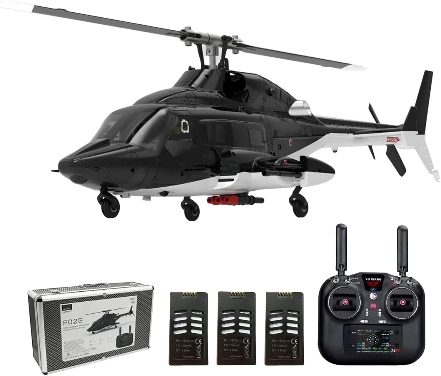 Hanll YUXIANG F02S 1:34 Scale 8CH GPS RC Helicopter – RTF Air-Wolf Replica with Dual Brushless Motors, Telemetry Transmitter, Optical Flow, Metal Servo, for Advanced Hobbyists—3 Batteries