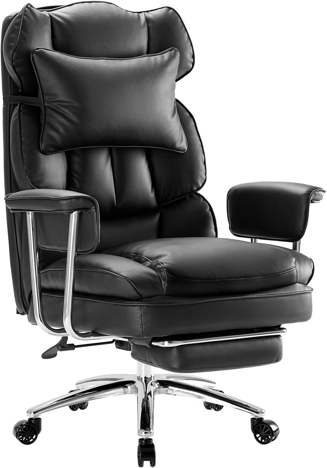 Sweetcrispy Executive Home Office Desk Chair – Ergonomic Big Tall High Back with Footrest & Lumbar Support, Reclining Height Adjustable, Comfy PU Leather Computer Gaming with Swivel Wheels, Black