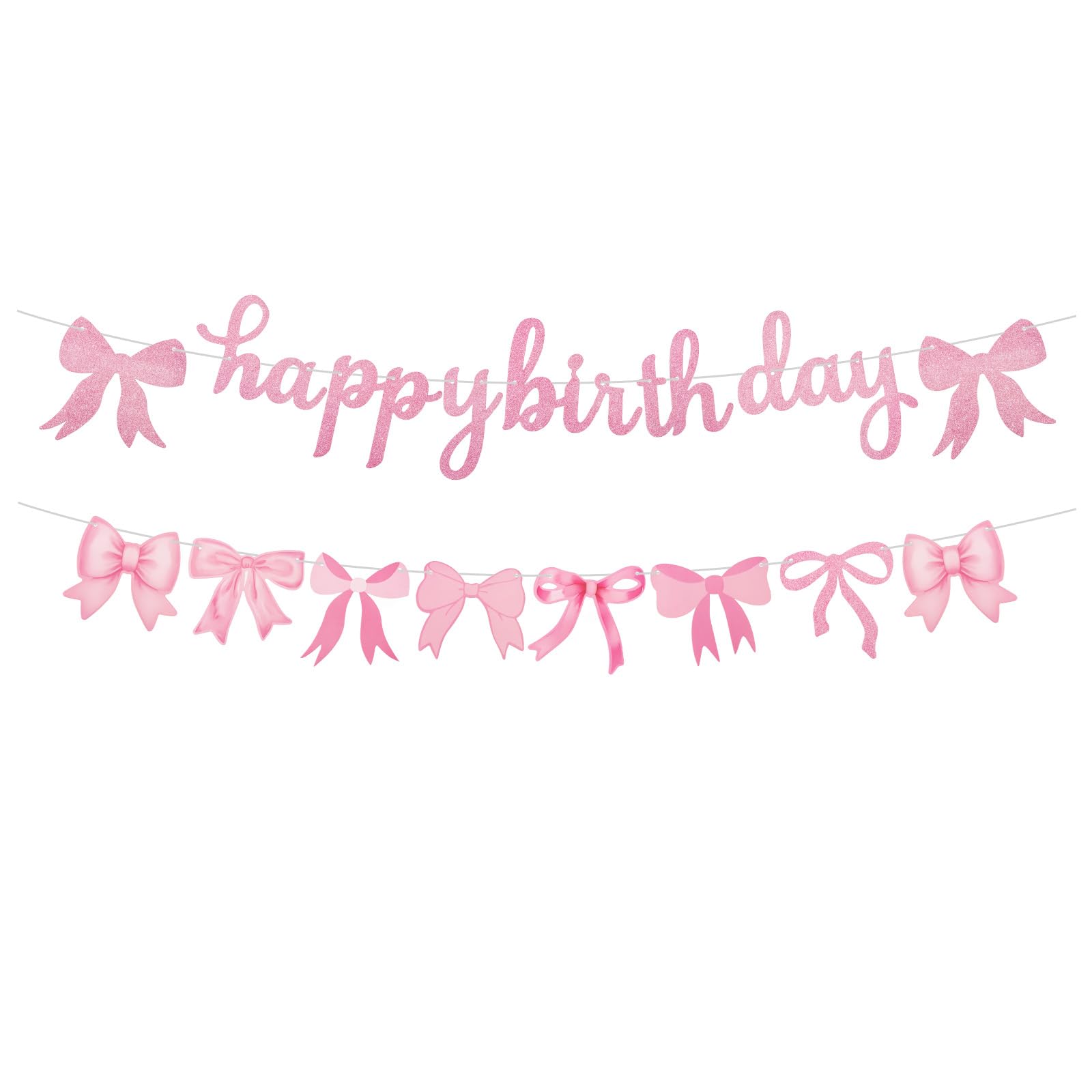 Norbiariz 2pcs Pink Glitter Happy Birthday Banner Set, Birthday Bunting with Bow Garland, Coquette Style Paper Decorations for Girls Women, Party Supplies for Photo Booth, Bedroom, Birthday Party
