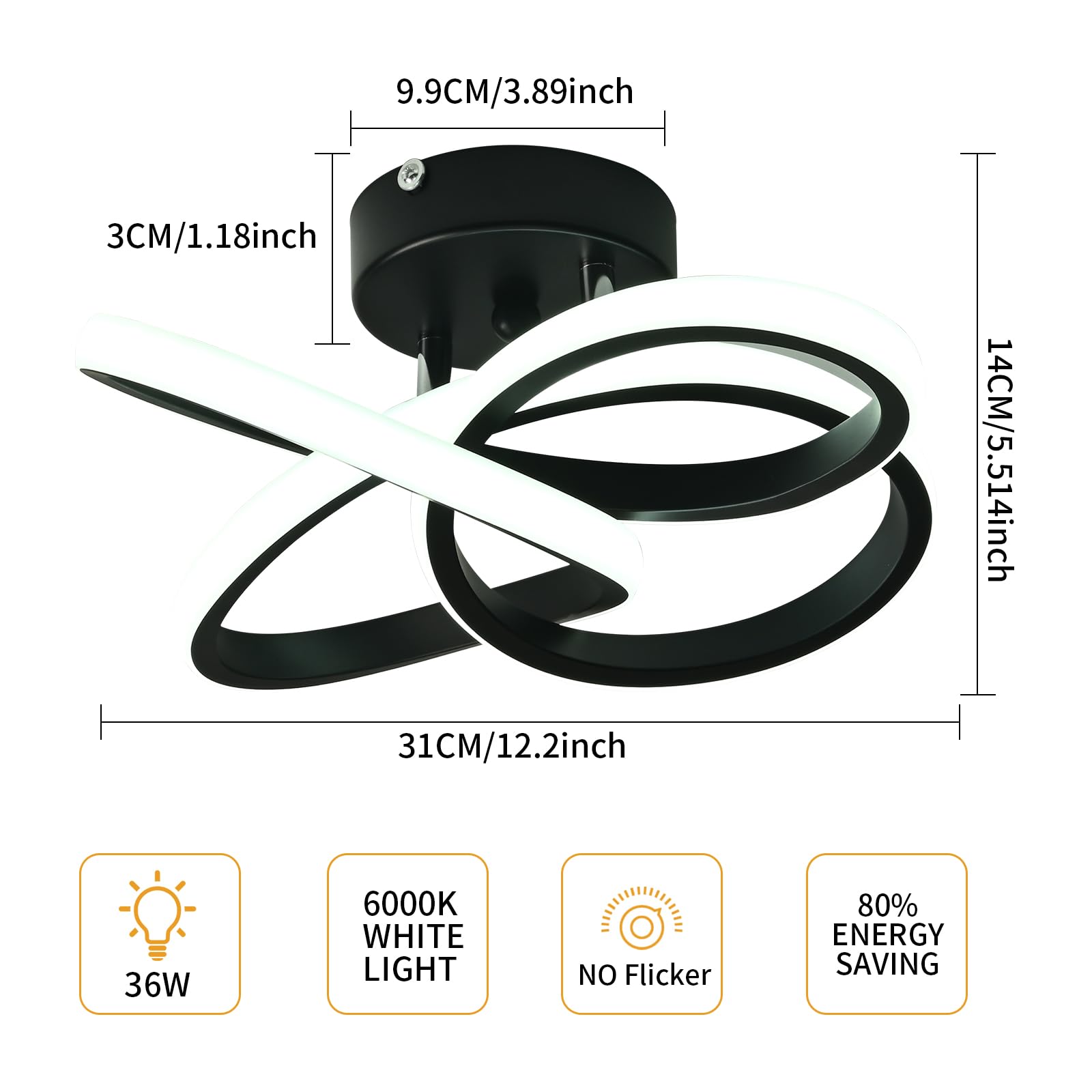 KUKAK Plafoniera LED,Lampada da Soffitto Moderna 36W 3900lm, Plafoniere Design Fiore,Lampadario acrilico Nero Soggiorno Cucina Bagno Camera da Letto Corridoio,Luce Bianco Freddo 6000K,Diametro 31cm