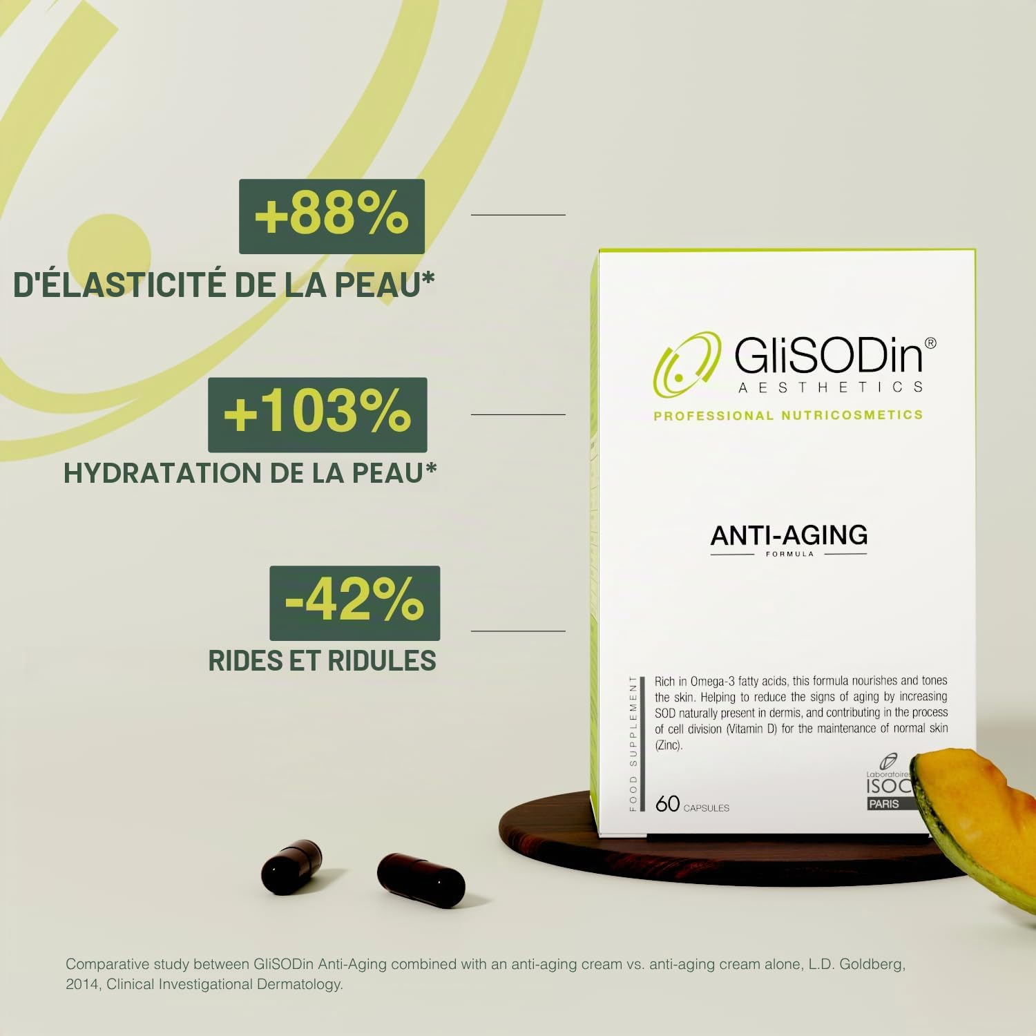 GliSODin Anti-Âge – Complément avec ingrédients hydratants, cliniquement prouvé, aide à une peau plus éclatante et réduit les rides – 60 gélules