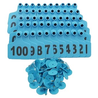 Cattle Ear Tags Large Plastic Livestock Ear Tag Marker for Pig Goat Cattle Cow Animal Identification Ear Tags, Numbered 001-100 Blue