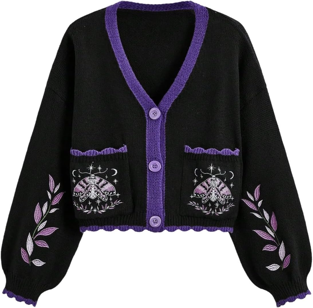 Women's Plus Size Button Up Cottagecore Cardigan Sweater Embroidered V Neck Crop Sweaters Fall Outfits
