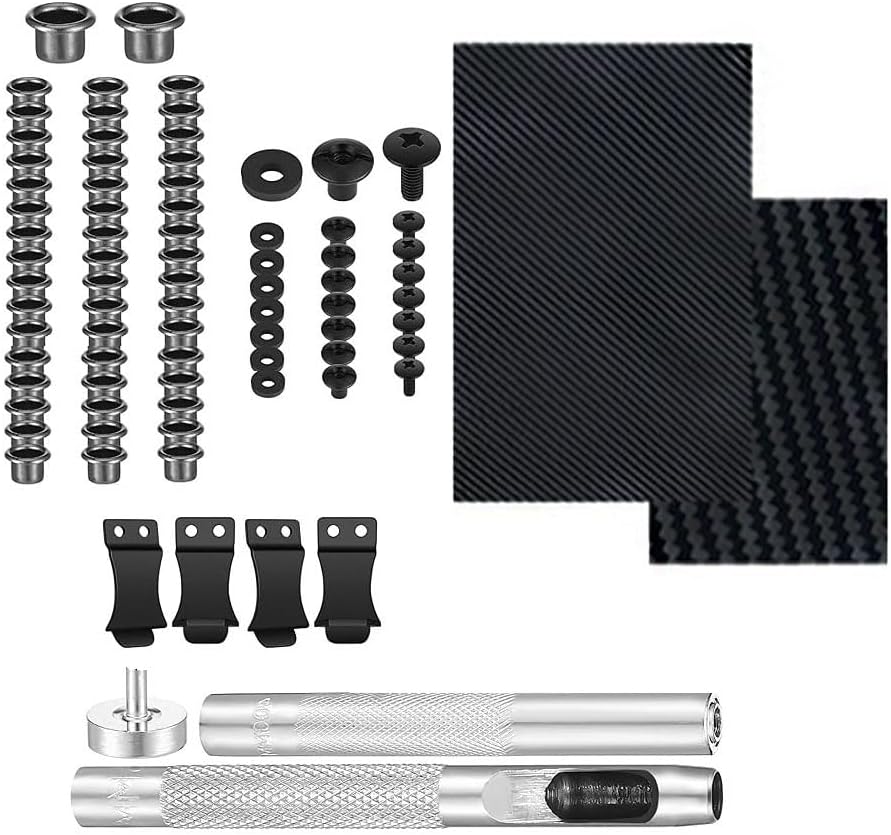 83-Pcs DIY Holster Kit Featuring Clips, Eyelet Hand Setter, Combo Eyelet Sheet, Thermoformed Cross-Recessed Screw Heads,and Open Slotted Fasteners for Crafting Knife Sheaths and Keel Guards