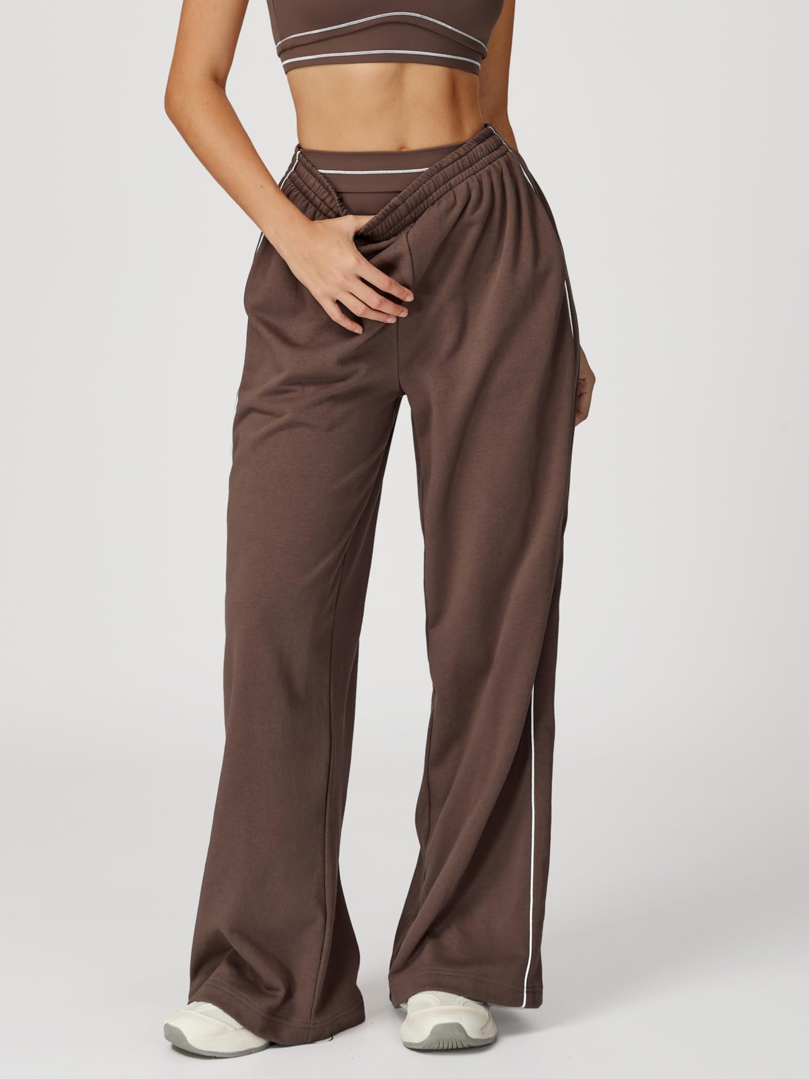 Damska prosta nogawka podwójna STRI Loungewith Wide Leg High Waist Baggy Track Elastyczna talia Bawełna Stretch Kontrast