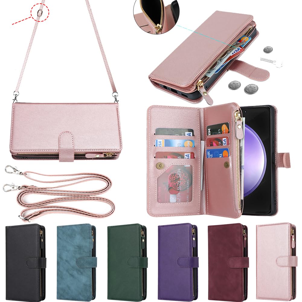 Eastwave for Galaxy S23 FE ケース サムスン for galaxy s23fe 縄掛けケース クリア for samsung galaxy s23 fe 手帳型 財布型 ICカード コインポケット ストラップ付き カード 収納 小銭入れ ファスナーポケット付き PUレザー 6色 ピンク