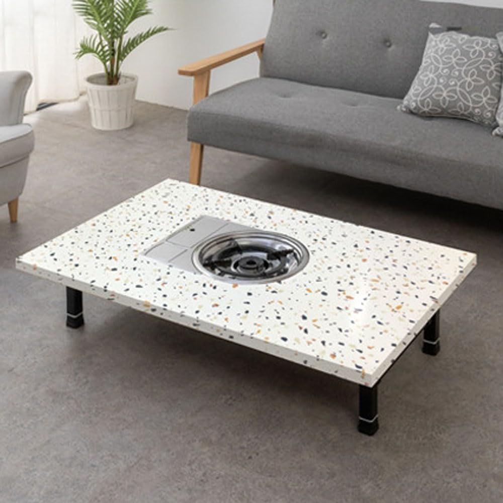 Korean BBQ Grill Table, Low Floor Folding Dining Table with Built-in Gas Stove, Portable Tatami Style for Indoor Cooking, Made in Korea (Terrazo)