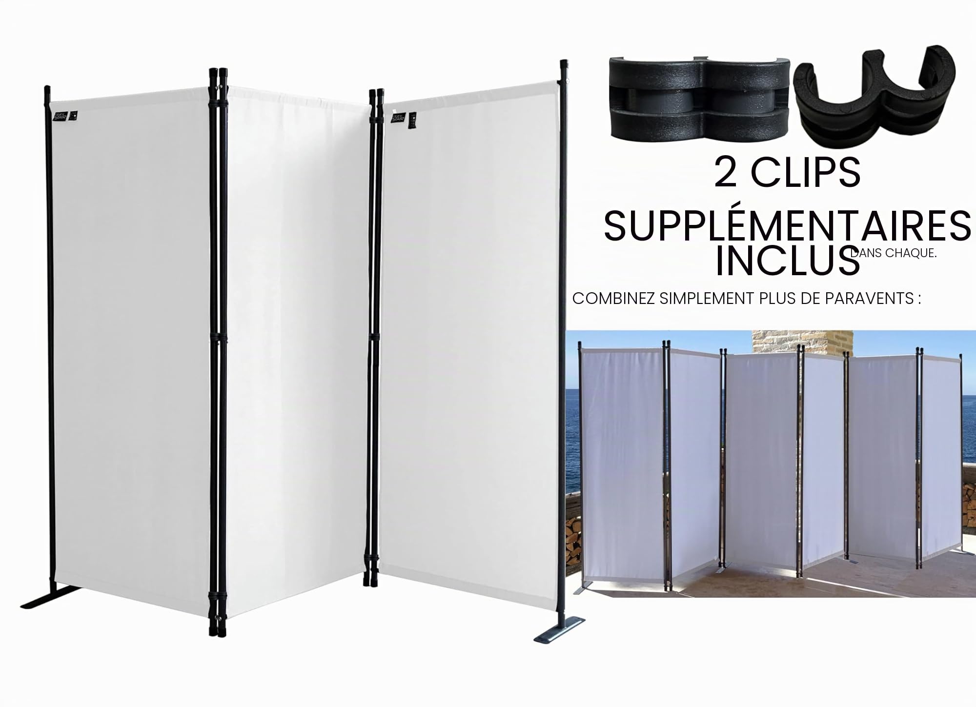 QUICK STAR Paravent 170 x 165 cm Séparateur de Tissu Jardin en 3 Parties Pliable Balcon Écran de confidentialité partition Blanc