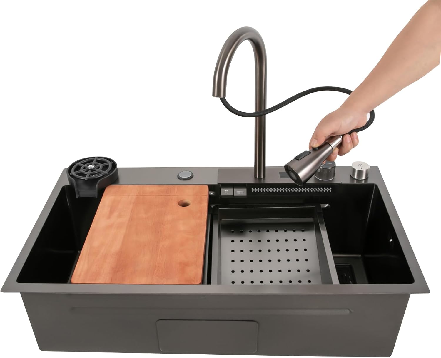 Kitchen Sink, Drop In Utility Sink Bar Sink Basin with Digital Display Pull-out Faucet & Cutting Board, Stainless Steel Household Dishwasher Sink Workstation Sink, 31.5 * 18.1 * 7.9In