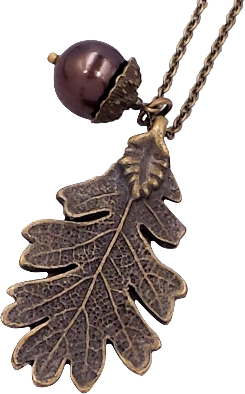 Acorn and Oak Leaf Necklace Stimulated Pearl Acorn Pendant Autumn Winter Jewelry