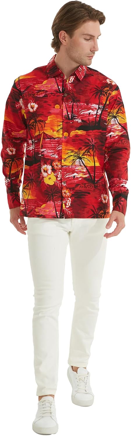 Hawaii Hangover Men's Hawaiian Long Sleeve Fit Shirt Aloha Shirt Sunset and Dolphin