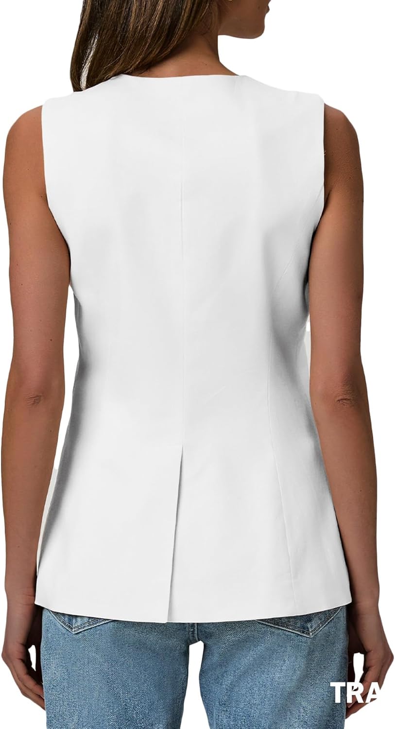 Mina Self 2026 Summer Women's Linen Sleeveless Vest Tops Blazer - Lightweight Fully V-Neck Casual Trendy Work Jacket Pockets - Image 3