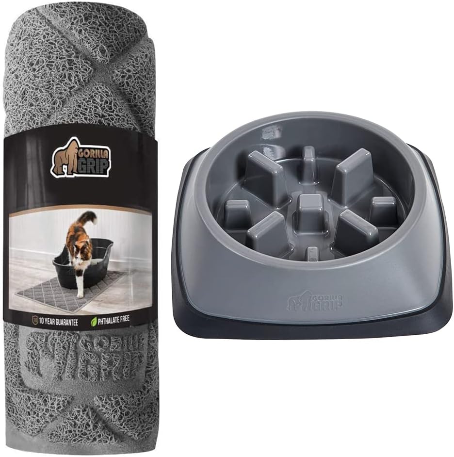 Gorilla Grip Cat Mat and Slow Feeder Bowl, Cat Mat is 30x20 Inch, Slow Feeder Bowl Holds 1 Cup, Both in Gray Color, 2 Item Bundle