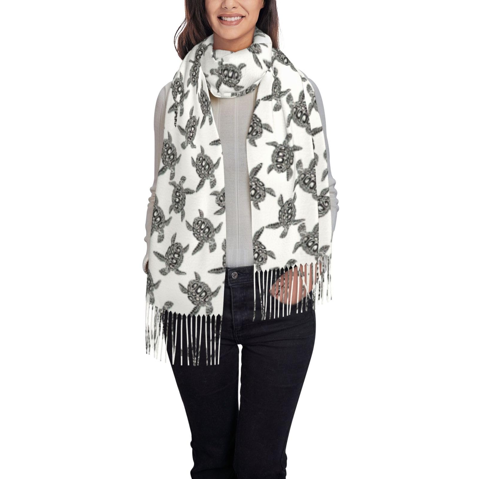 Rrhgipp Unisex Black Ladies Animals Sea Turtles Scarf For Women Shawls Large Square Bohemian Scarves With Tassel Tassel Shawl Scarf