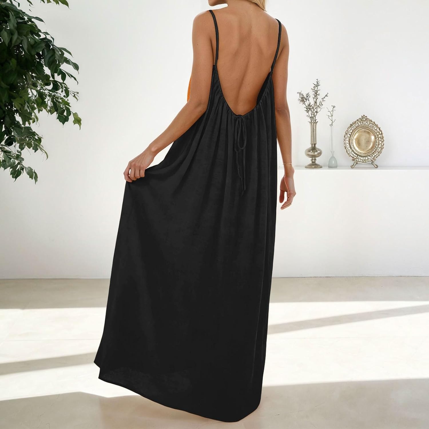 Backless Cami Dresses for Women Cami Lounge Dress Backless Solid Color Sleeveless House Dress Long Sundress with Back Tie - Image 7