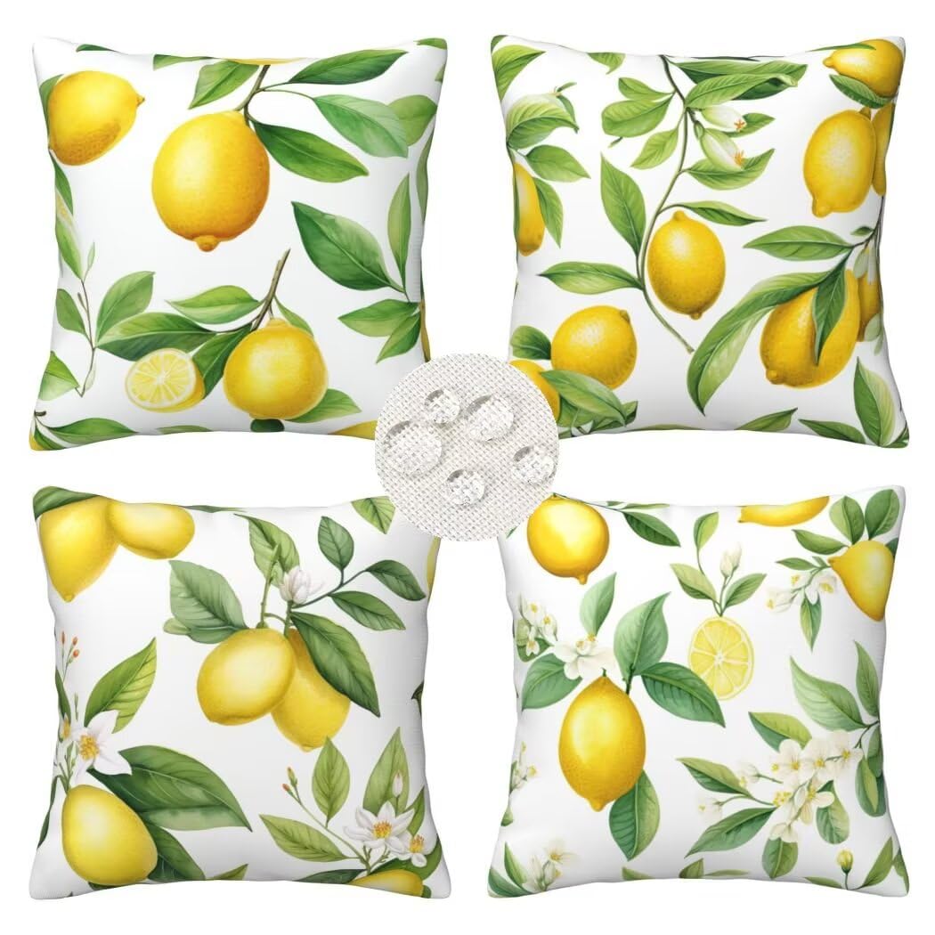 Outdoor Cushions 40cm x 40cm Set of 4 Waterproof Plants Cushion Covers Square Decorative Pillows Lemon Throw Pillow Case with Invisible Zipper for Outdoor Garden Patio Couch Bench 16x16 Inches -LI294