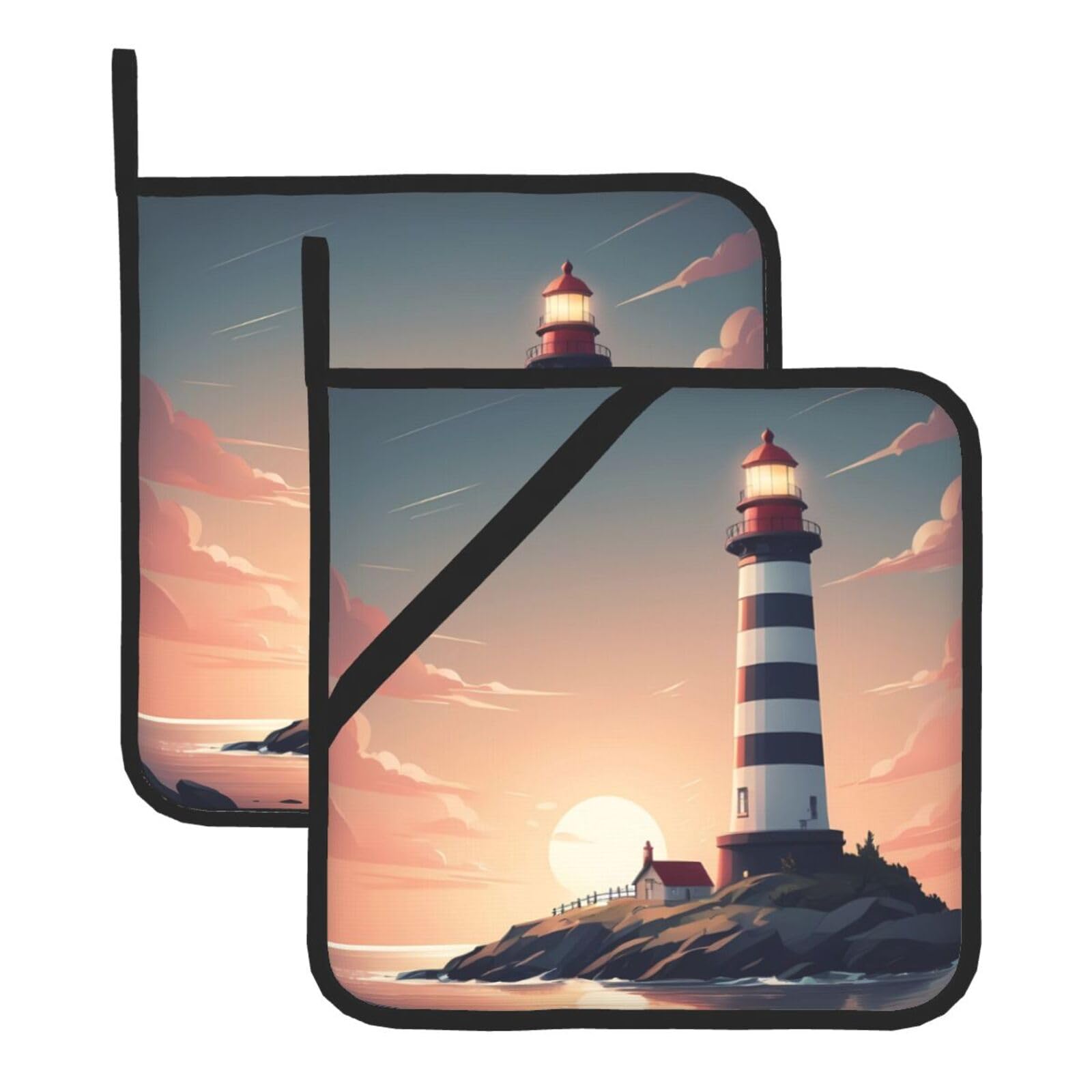 HJFCZH Beauty Lighthouse Printed Square Insulated Pot Mat Set (2-Piece) 8x8in Waterproof, Thickened & Easy to Clean with Lanyard Design for Kitchen, Oven & BBQ
